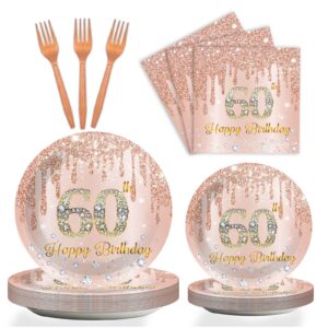96 pieces 60th birthday tableware set for pink rose gold 60th birthday table decorations supplies pink rose gold happy 60 birthday dessert plates napkins forks for 24 guests women birthday supplies