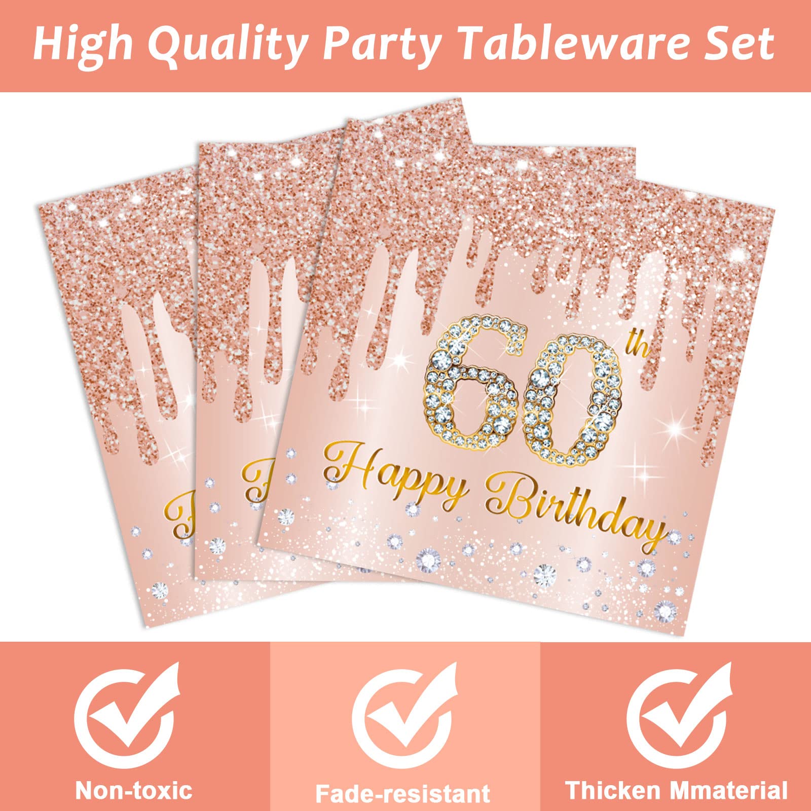 96 Pieces 60th Birthday Tableware Set for Pink Rose Gold 60th Birthday Table Decorations Supplies Pink Rose Gold Happy 60 Birthday Dessert Plates Napkins Forks for 24 Guests Women Birthday Supplies