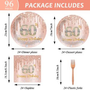 96 Pieces 60th Birthday Tableware Set for Pink Rose Gold 60th Birthday Table Decorations Supplies Pink Rose Gold Happy 60 Birthday Dessert Plates Napkins Forks for 24 Guests Women Birthday Supplies