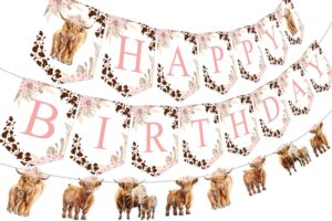 highland cow birthday decorations girl - highland cow happy birthday banner, garland, boho retro floral highland cattle holy cow farm animal birthday party decorations