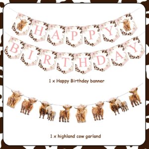 Highland Cow Birthday Decorations Girl - Highland Cow Happy Birthday Banner, Garland, Boho Retro Floral Highland Cattle Holy Cow Farm Animal Birthday Party Decorations