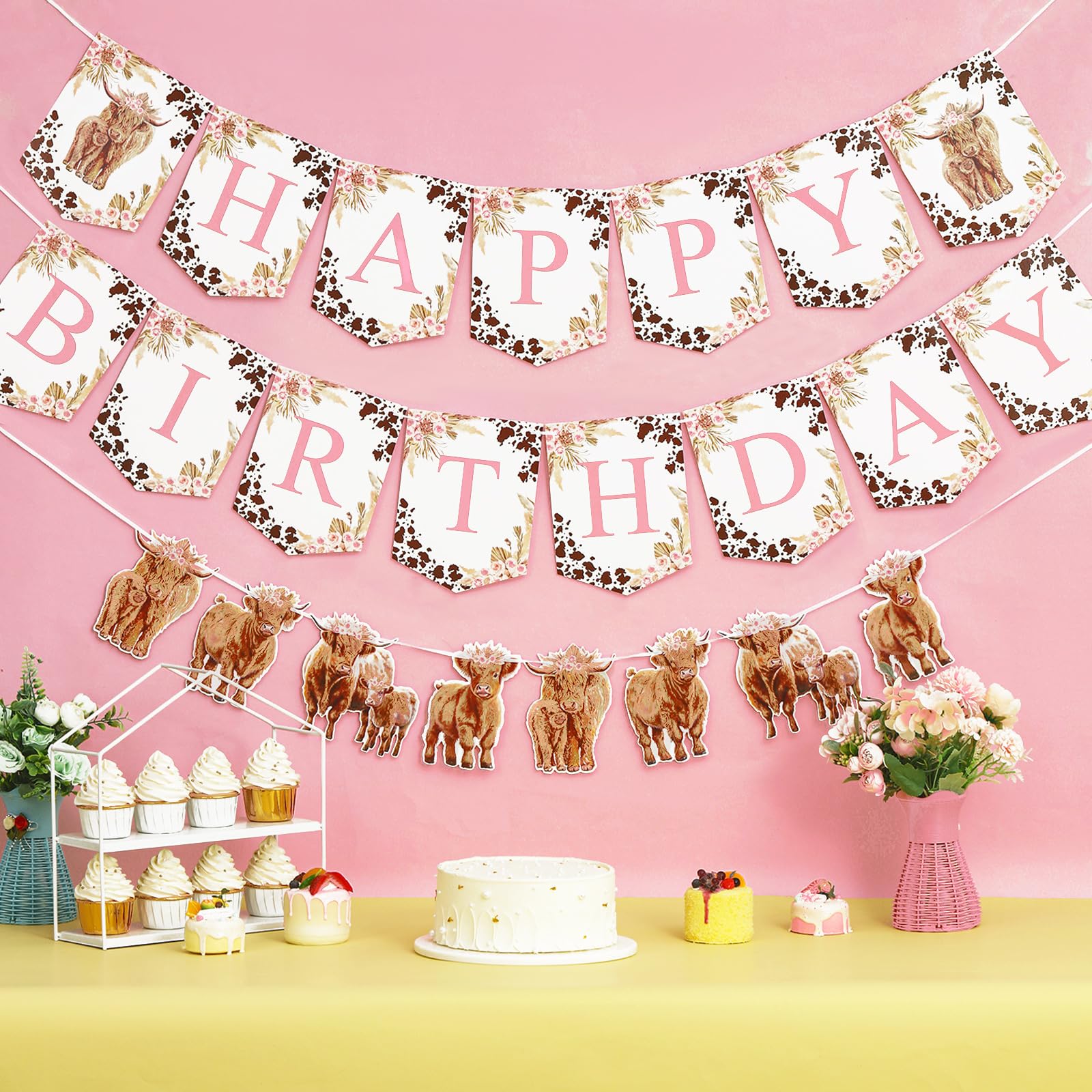 Highland Cow Birthday Decorations Girl - Highland Cow Happy Birthday Banner, Garland, Boho Retro Floral Highland Cattle Holy Cow Farm Animal Birthday Party Decorations