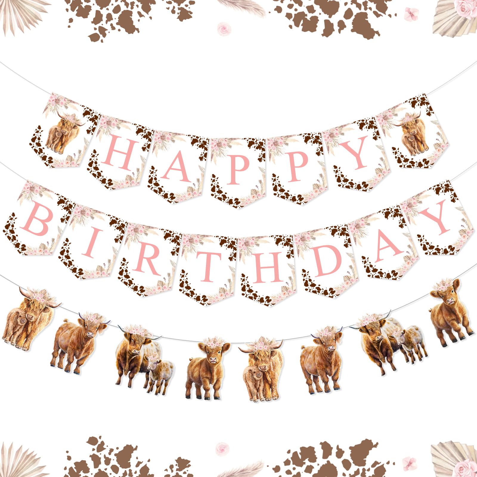 Highland Cow Birthday Decorations Girl - Highland Cow Happy Birthday Banner, Garland, Boho Retro Floral Highland Cattle Holy Cow Farm Animal Birthday Party Decorations