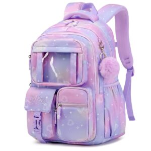 pig pig girl kids backpack for girls - school bags for middle school students - book bag for elementary primary school - purple