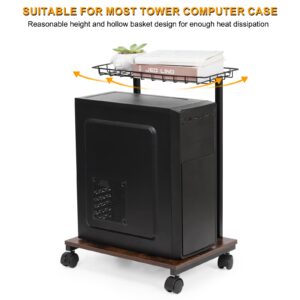 DAMEING Computer Tower Stand, 2-Tier CPU Holder PC Floor Stand, Mobile PC Tower Stand with Lockable Wheels and Wire Storage Basket, Fits Most Gaming PC Printer Under Desk for Office Home