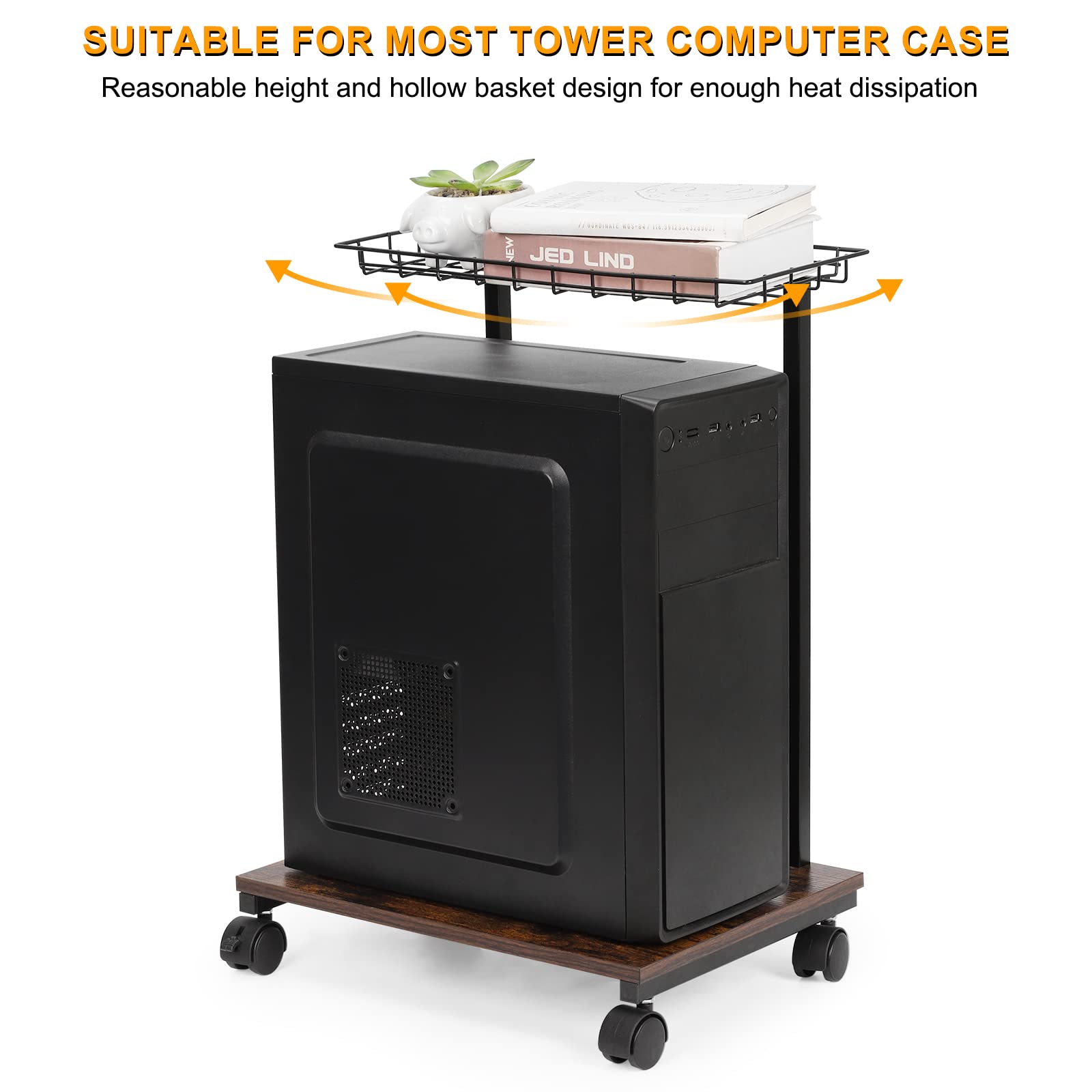 DAMEING Computer Tower Stand, 2-Tier CPU Holder PC Floor Stand, Mobile PC Tower Stand with Lockable Wheels and Wire Storage Basket, Fits Most Gaming PC Printer Under Desk for Office Home