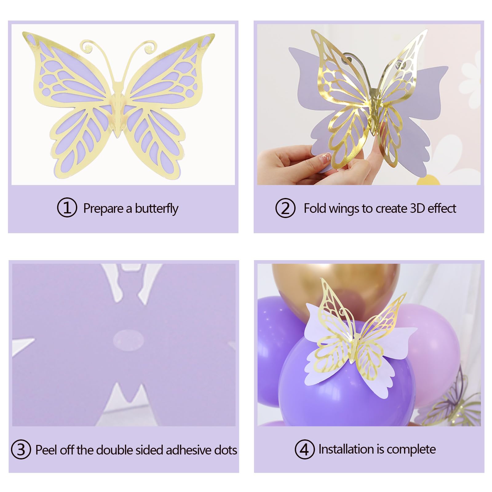 JUIIZAY 3D Large Butterfly Wall Decor Party Decorations 10pcs Purple And Gold For Birthday Baby Shower