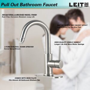 Bathroom Faucet with Pull Out Sprayer LEITECHUWEI Stainless Steel Lead-Free Single Handle Bathroom Sink Faucet Utility Faucet for Bar Mini Kitchen Farmhouse RV Laundry Supply 4In Deck Plate and Hose