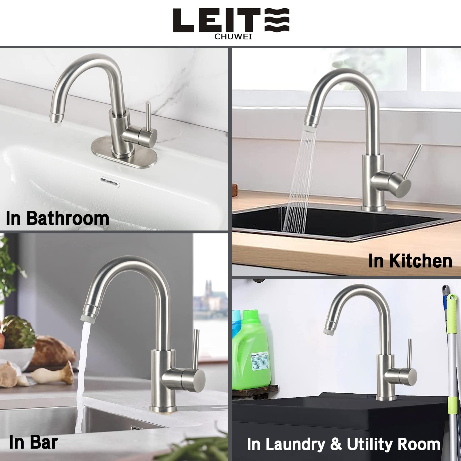 Bathroom Faucet with Pull Out Sprayer LEITECHUWEI Stainless Steel Lead-Free Single Handle Bathroom Sink Faucet Utility Faucet for Bar Mini Kitchen Farmhouse RV Laundry Supply 4In Deck Plate and Hose