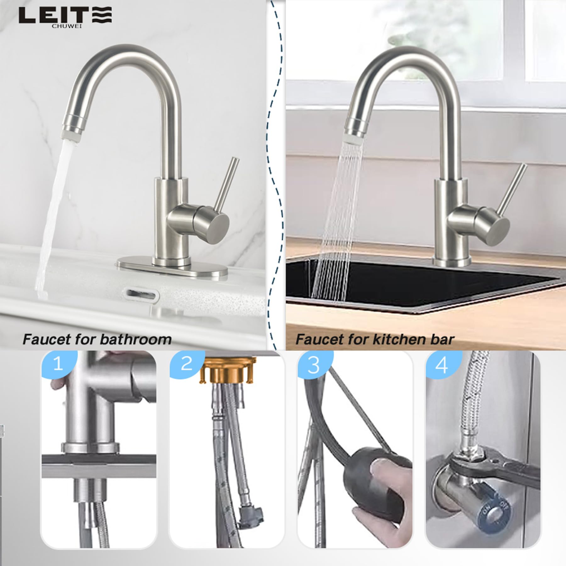 Bathroom Faucet with Pull Out Sprayer LEITECHUWEI Stainless Steel Lead-Free Single Handle Bathroom Sink Faucet Utility Faucet for Bar Mini Kitchen Farmhouse RV Laundry Supply 4In Deck Plate and Hose