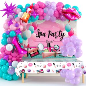 keleno 127pcs spa party supplies for girls makeup birthday decorations with balloons garland, lipstick kiss high heels foil balloons, backdrop, tablecloth, girls women slumber pamper spa party decor