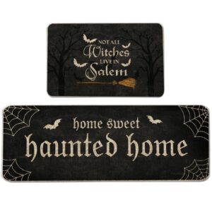gagec halloween kitchen mat set of 2, no all witch live in salem kitchen rug, bat broom halloween farmhouse party floor mat for home kitchen decorations - 17x27 and 17x47 inch
