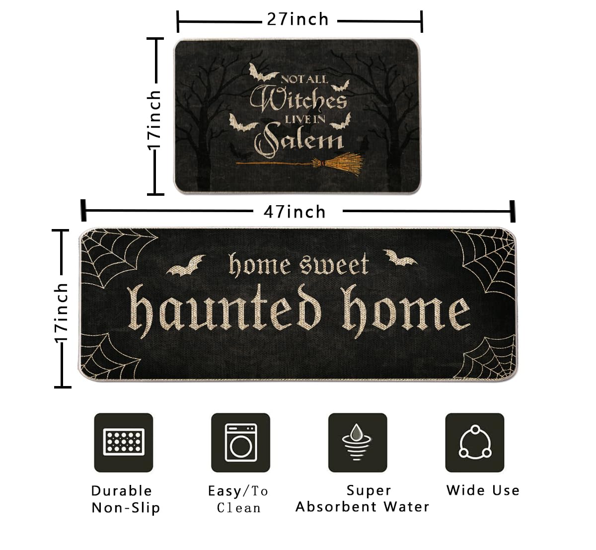 GAGEC Halloween Kitchen Mat Set of 2, No All Witch Live in Salem Kitchen Rug, Bat Broom Halloween Farmhouse Party Floor Mat for Home Kitchen Decorations - 17x27 and 17x47 Inch