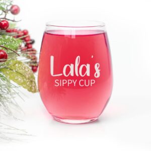 HTDesigns Lala's Sippy Cup Stemless Wine Glass - Mother's Day Gift Lala Wine Gift - First Time Lala New Lala Gift - Lala Wine Glass