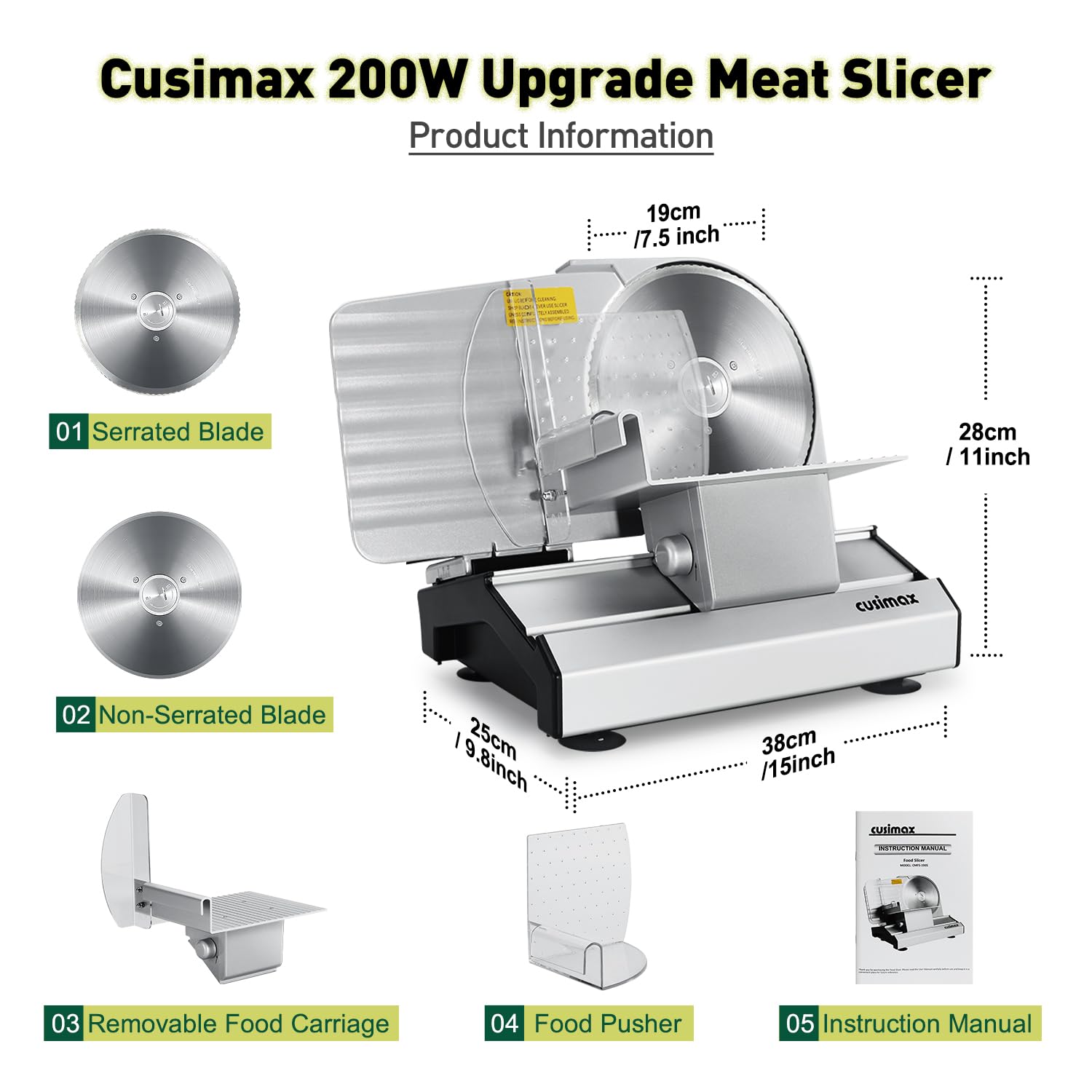 Meat Slicer,CUSIMAX Electric Deli Meat Cheese Food Slicer with Removable Food Carriage,2 Removable 7.5''Stainless Steel Blades,1-20mm Adjustable Thickness Meat Slicer for Home,Cut Meat,Cheese,Bread