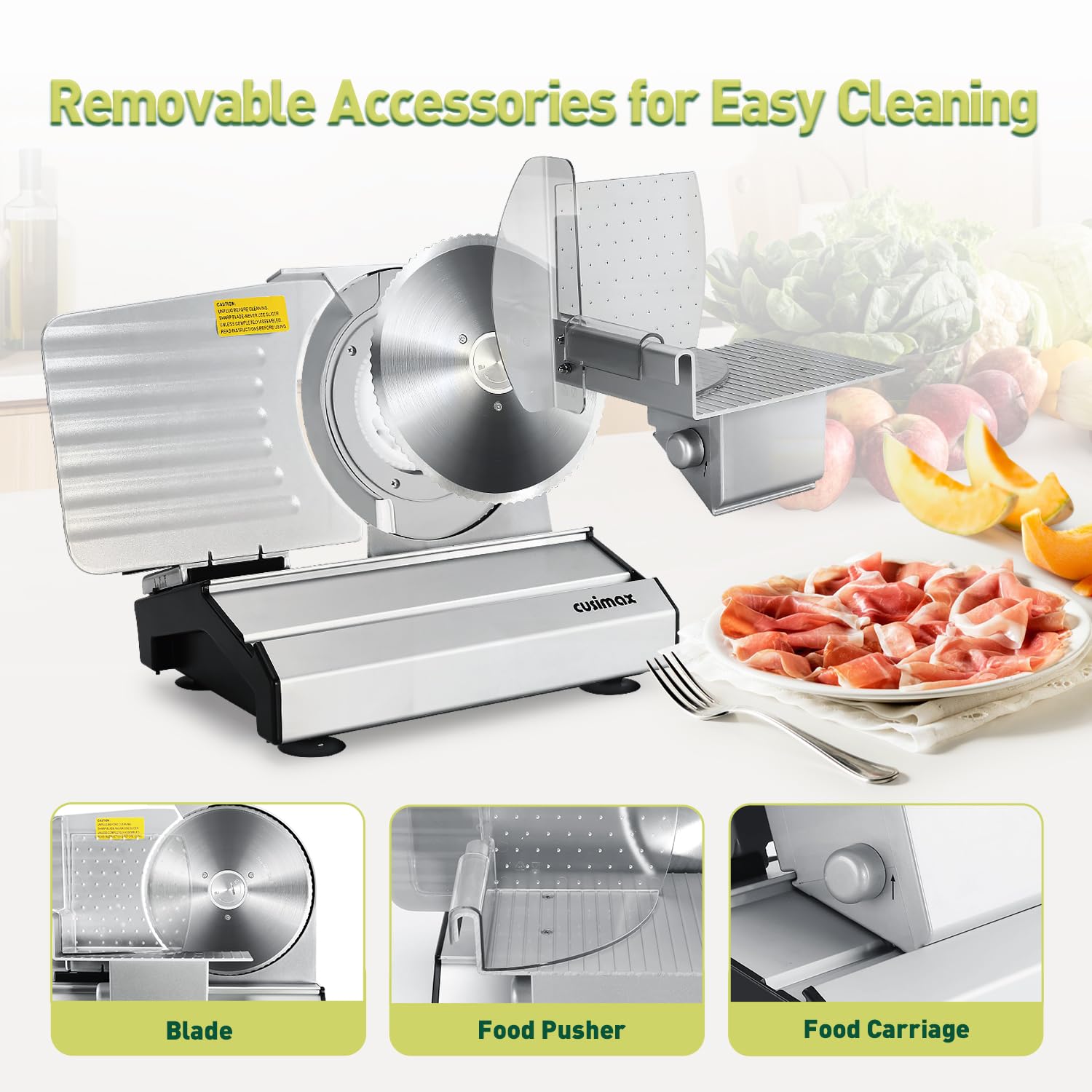 Meat Slicer,CUSIMAX Electric Deli Meat Cheese Food Slicer with Removable Food Carriage,2 Removable 7.5''Stainless Steel Blades,1-20mm Adjustable Thickness Meat Slicer for Home,Cut Meat,Cheese,Bread