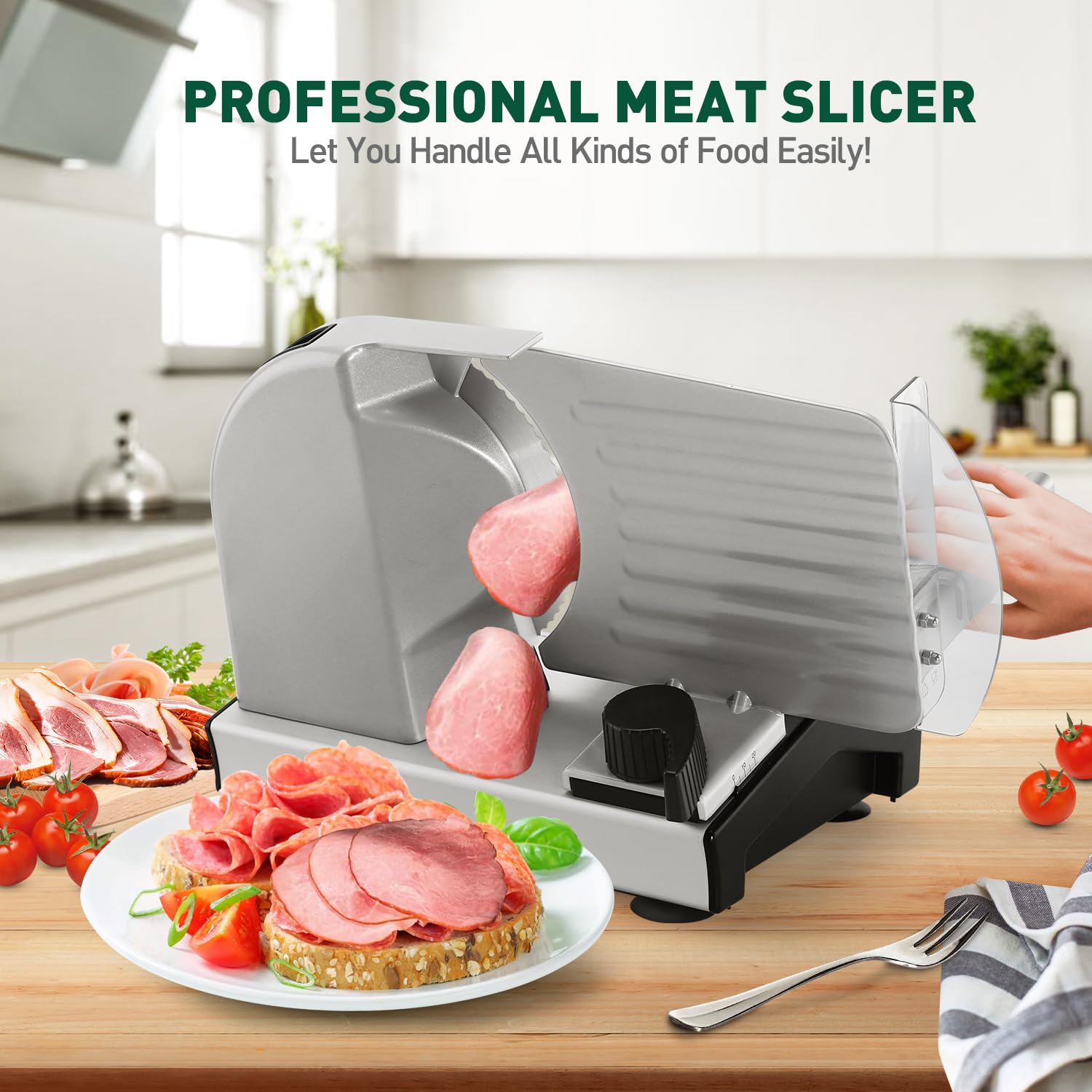 Meat Slicer,CUSIMAX Electric Deli Meat Cheese Food Slicer with Removable Food Carriage,2 Removable 7.5''Stainless Steel Blades,1-20mm Adjustable Thickness Meat Slicer for Home,Cut Meat,Cheese,Bread