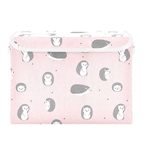 Ollabaky Cute Smiling Hedgehogs Pink Foldable Storage Bin with Lid Storage Box Large Cube Organizer Containers Baskets with Handles for Closet Organization, Shelves, Toys, Clothes