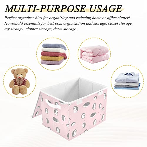 Ollabaky Cute Smiling Hedgehogs Pink Foldable Storage Bin with Lid Storage Box Large Cube Organizer Containers Baskets with Handles for Closet Organization, Shelves, Toys, Clothes