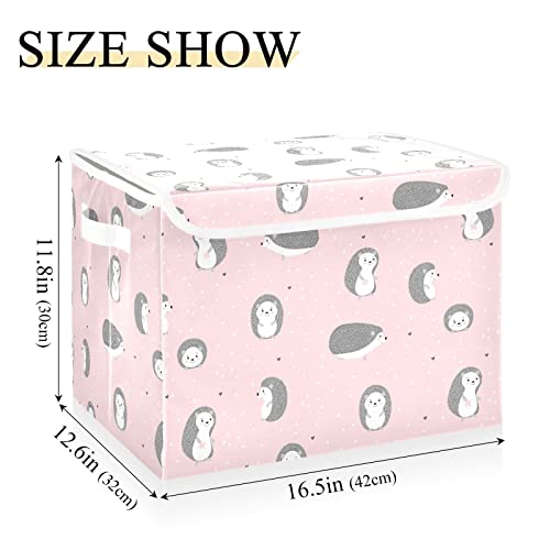 Ollabaky Cute Smiling Hedgehogs Pink Foldable Storage Bin with Lid Storage Box Large Cube Organizer Containers Baskets with Handles for Closet Organization, Shelves, Toys, Clothes