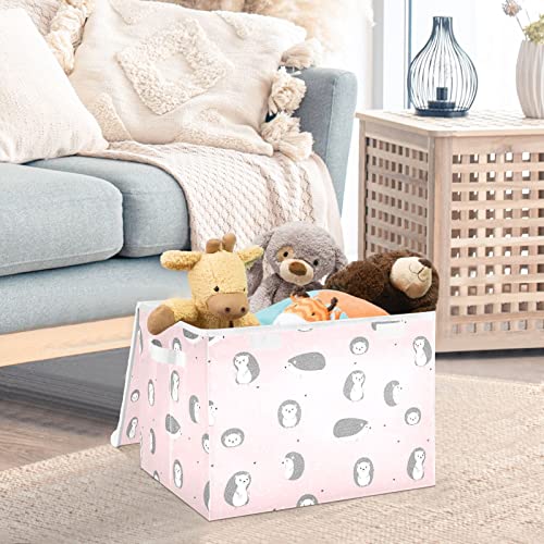 Ollabaky Cute Smiling Hedgehogs Pink Foldable Storage Bin with Lid Storage Box Large Cube Organizer Containers Baskets with Handles for Closet Organization, Shelves, Toys, Clothes