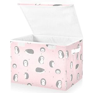 Ollabaky Cute Smiling Hedgehogs Pink Foldable Storage Bin with Lid Storage Box Large Cube Organizer Containers Baskets with Handles for Closet Organization, Shelves, Toys, Clothes