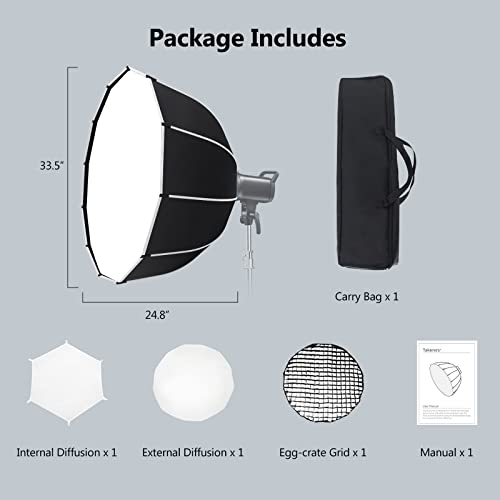 Bowens Mount Parabolic Softbox, Upgraded One-Step Quick Installation, Takerers 33.5" Deep Parabolic Softbox Diffuser with Honeycomb Grid, Compatible for Aputure/Smallrig/Neewer/GVM Lights, Flash