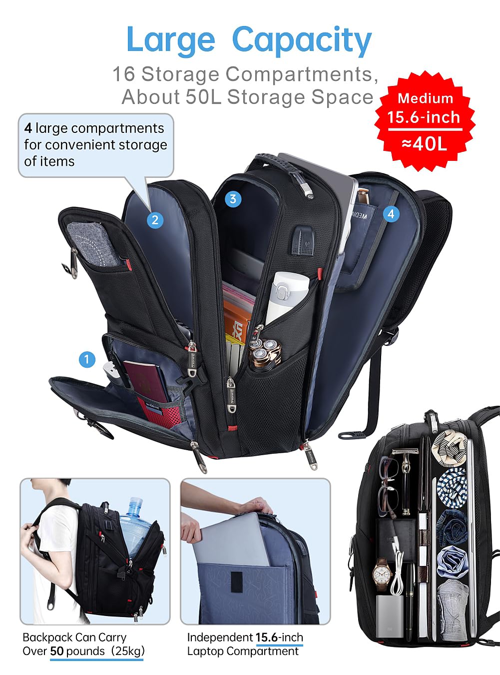 SWICKY Travel Laptop Backpack 15.6 inch Large 40L Computer Bookbag Durable and Wear-Resistant College Backpacks, Business Work Waterproof Backpack With Pockets & USB Port, Gifts for Men/Women Black.