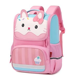 asksky kids backpack for girls, kawaii cartoon school backpack wide open bookbag for 5-10 years old with reflective strip, blue kitty