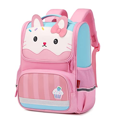 ASKSKY Kids Backpack for Girls, Kawaii Cartoon School Backpack Wide Open Bookbag for 5-10 years old with Reflective Strip, Blue Kitty