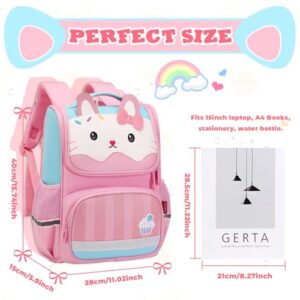 ASKSKY Kids Backpack for Girls, Kawaii Cartoon School Backpack Wide Open Bookbag for 5-10 years old with Reflective Strip, Blue Kitty