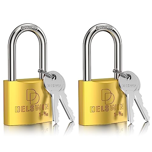 DELSWIN Brass Padlock with Same Keys - Heavy Duty Solid Brass Locker Lock with 1-4/5 in. Long Shackle, Marine Grade Pad Lock for Outdoor Gate, Fence, Shed (2 Locks with 4 Keys)