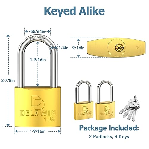 DELSWIN Brass Padlock with Same Keys - Heavy Duty Solid Brass Locker Lock with 1-4/5 in. Long Shackle, Marine Grade Pad Lock for Outdoor Gate, Fence, Shed (2 Locks with 4 Keys)