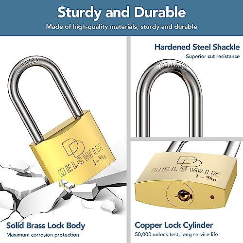 DELSWIN Brass Padlock with Same Keys - Heavy Duty Solid Brass Locker Lock with 1-4/5 in. Long Shackle, Marine Grade Pad Lock for Outdoor Gate, Fence, Shed (2 Locks with 4 Keys)