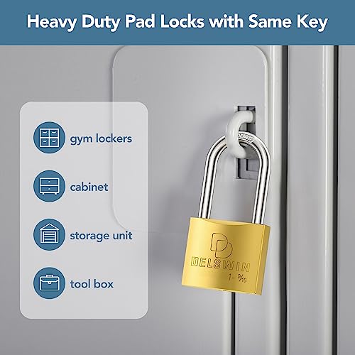 DELSWIN Brass Padlock with Same Keys - Heavy Duty Solid Brass Locker Lock with 1-4/5 in. Long Shackle, Marine Grade Pad Lock for Outdoor Gate, Fence, Shed (2 Locks with 4 Keys)