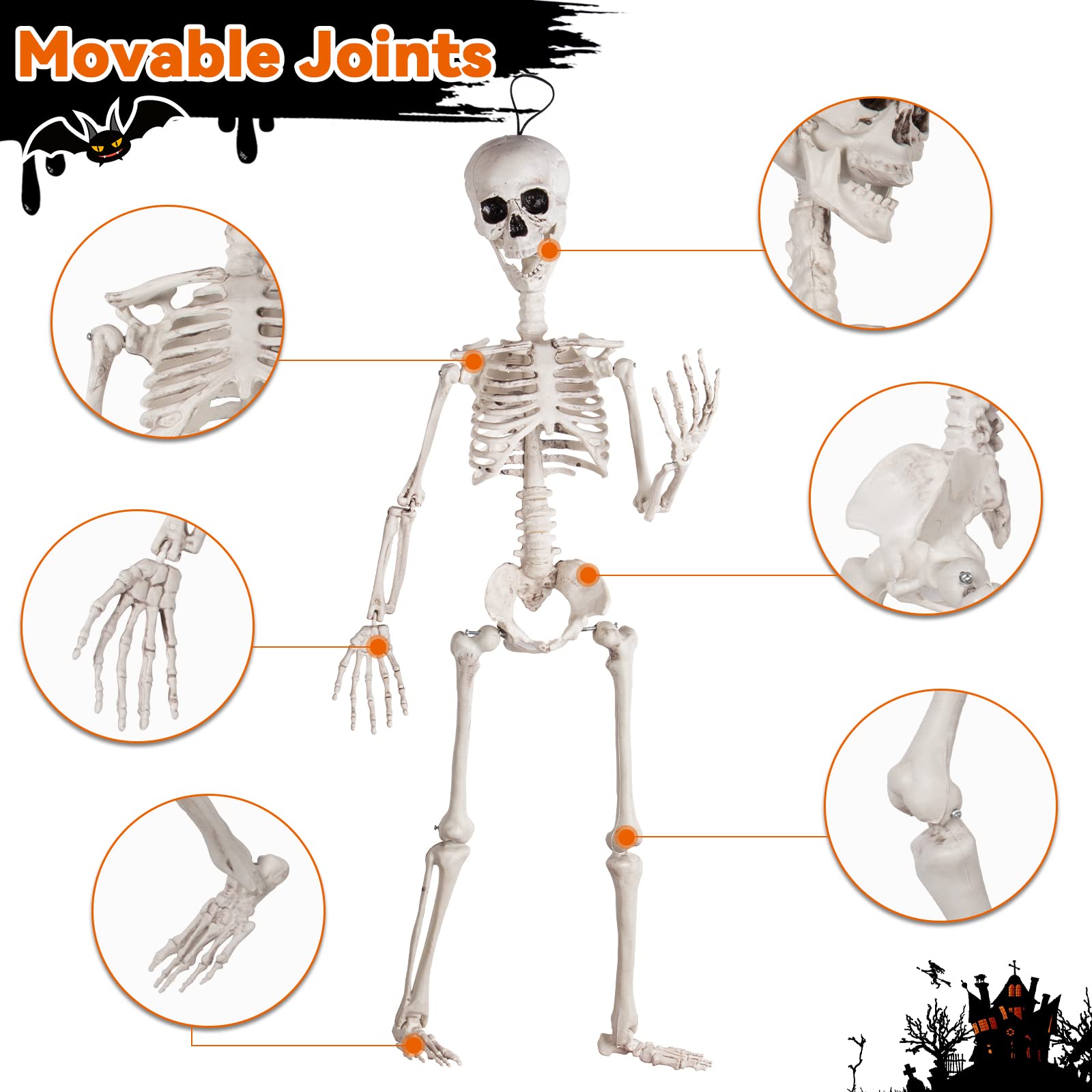 DECORLIFE 2 Pack 36" Skeleton Halloween Decorations, Plastic Posable Skeleton Decor with Movable Joints for Haunted Houses, Lawn, Graveyard, Trunk or Treat (White)