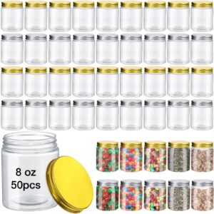 tanlade 50 pcs 8 oz round clear container jars with lids airtight round plastic storage jars refillable small plastic mason jars containers for kitchen household food storage gold and silver