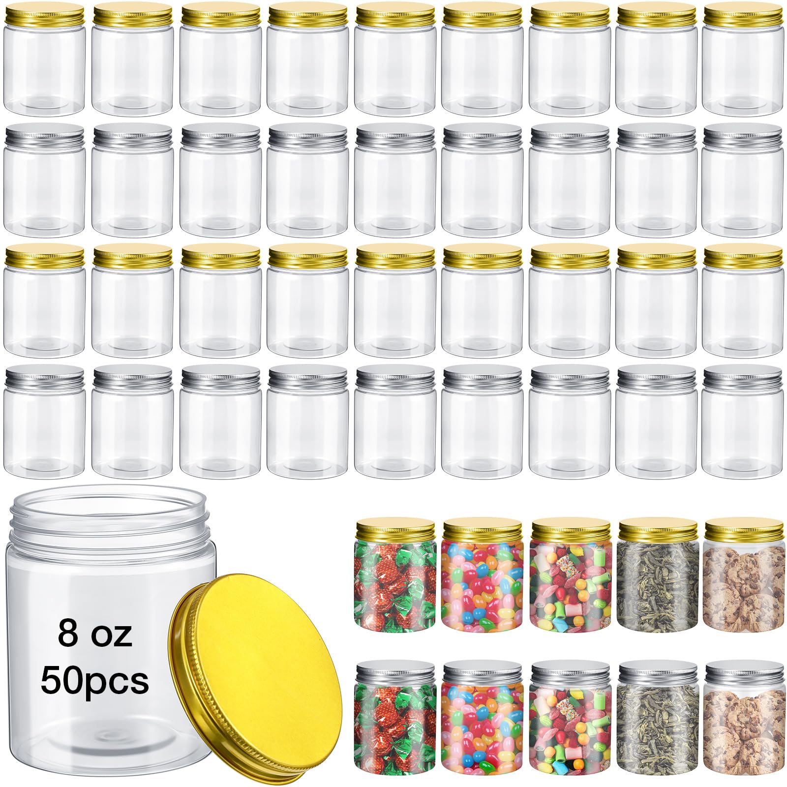 Tanlade 50 Pcs 8 oz Round Clear Container Jars with Lids Airtight Round Plastic Storage Jars Refillable Small Plastic Mason Jars Containers for Kitchen Household Food Storage Gold and Silver