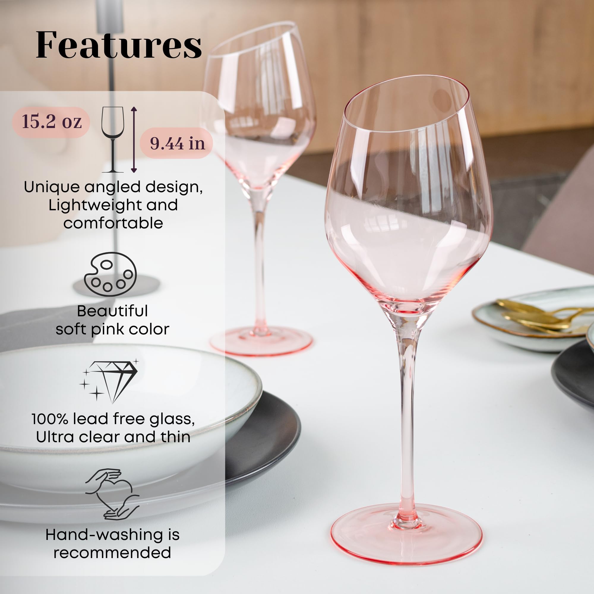 Lidy Pink Wine Glasses Set of 2-15 oz Pink Goblets for Red Wine & White Wine | Hand Blown Wine Glasses for Mothers Day Gifts & Spring Table Decor | Stemmed Wine Glasses Pink for Spring Gifts