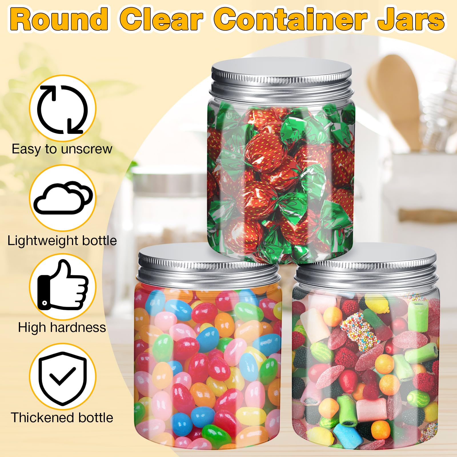 Tanlade 50 Pcs 8 oz Round Clear Container Jars with Lids Airtight Round Plastic Storage Jars Refillable Small Plastic Mason Jars Containers for Kitchen Household Food Storage Gold and Silver