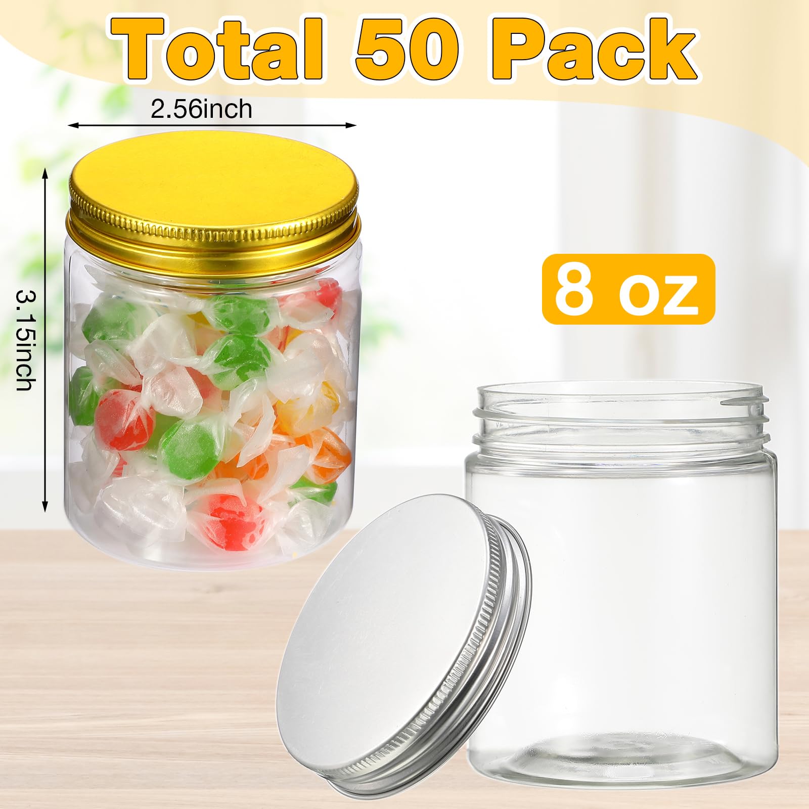 Tanlade 50 Pcs 8 oz Round Clear Container Jars with Lids Airtight Round Plastic Storage Jars Refillable Small Plastic Mason Jars Containers for Kitchen Household Food Storage Gold and Silver