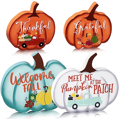 4 Pcs Fall Decor Fall Tiered Tray Decor Fall Pumpkins Table Sign Thanksgiving Tiered Tray Decor Welcome Fall Tabletop Signs Farmhouse Tiered Tray Decor Mini Wood Signs for Autumn (Multicolor)