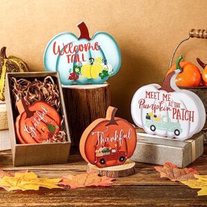 4 Pcs Fall Decor Fall Tiered Tray Decor Fall Pumpkins Table Sign Thanksgiving Tiered Tray Decor Welcome Fall Tabletop Signs Farmhouse Tiered Tray Decor Mini Wood Signs for Autumn (Multicolor)