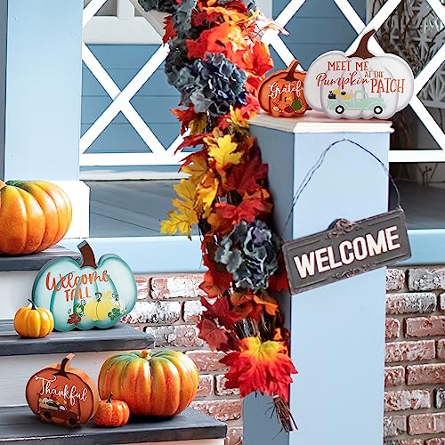 4 Pcs Fall Decor Fall Tiered Tray Decor Fall Pumpkins Table Sign Thanksgiving Tiered Tray Decor Welcome Fall Tabletop Signs Farmhouse Tiered Tray Decor Mini Wood Signs for Autumn (Multicolor)