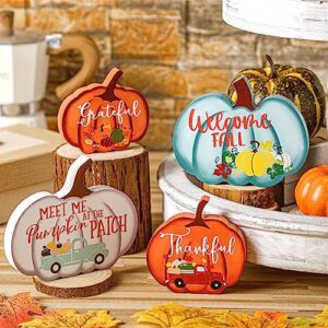 4 Pcs Fall Decor Fall Tiered Tray Decor Fall Pumpkins Table Sign Thanksgiving Tiered Tray Decor Welcome Fall Tabletop Signs Farmhouse Tiered Tray Decor Mini Wood Signs for Autumn (Multicolor)