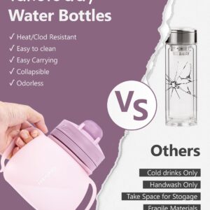 TakeToday Kids Water Bottle for School, Silicone Collapsible Water Bottle, 20 OZ Travel Water Bottle with Straw and Strap, BPA-Free Reusable Leakproof, Purple