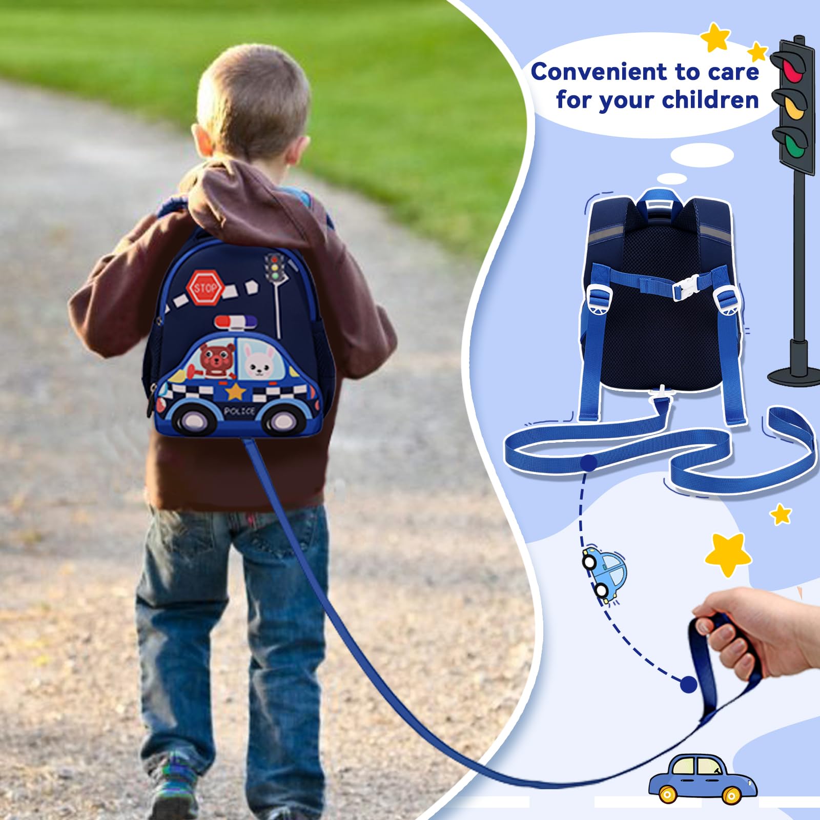 MUSEVOS Cartoon Toddler Backpack for Kids 1-3, Mini Toddler Backpack Boys 2-3 Year Old Girls, Mini Neoprene Preschool Backpack for Kids with Anti-lost Safety Leash for Daycare Outdoor