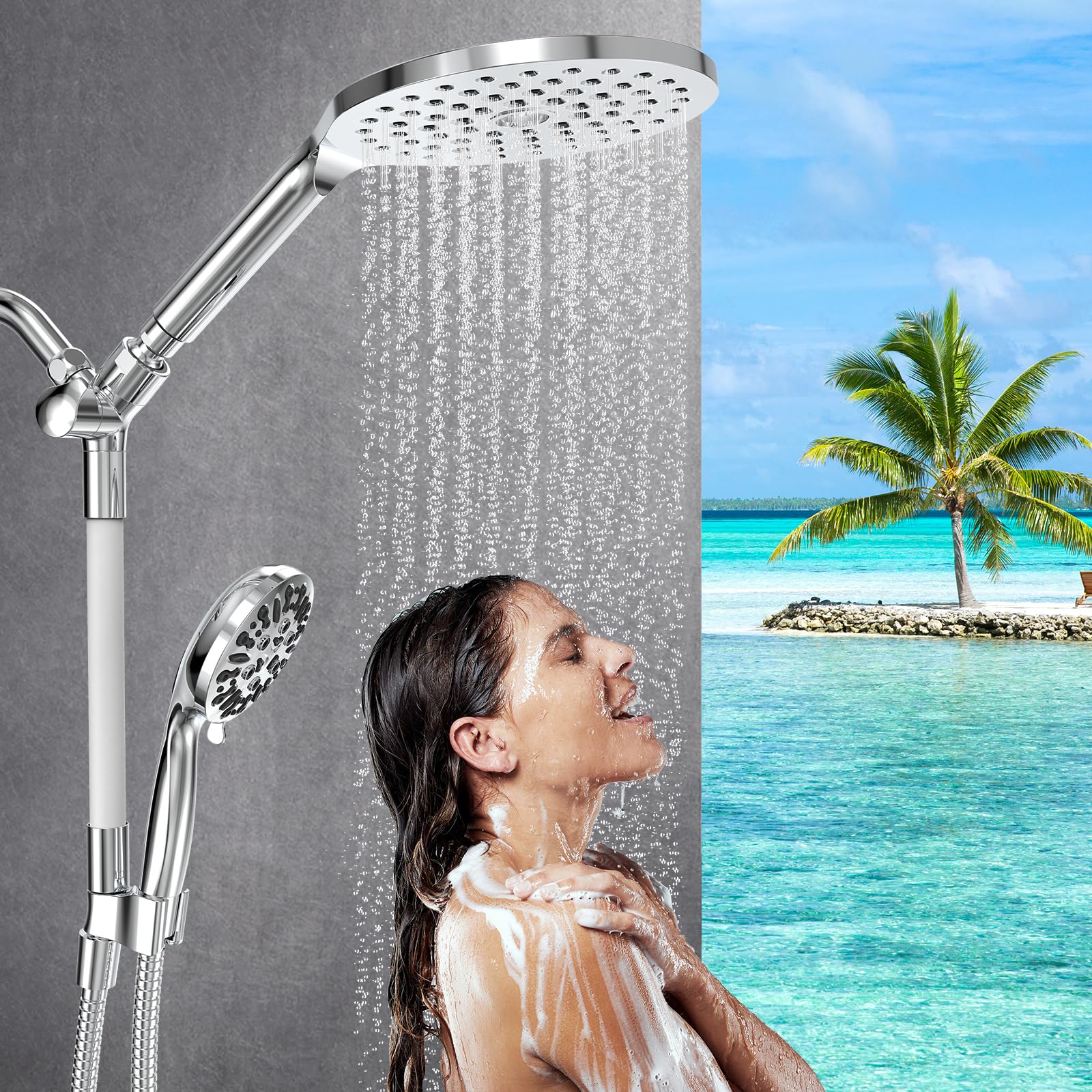 Rain Shower Head with Handheld Spray, MakeFit High Pressure Rainfall Shower Head & 9 Modes Handheld Showerhead Power Wash, 2-IN-1 Dual Shower System with Stainless Steel Hose