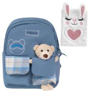 toddler backpack set with stuffed bear and rabbit plush notebook (color may vary) - kids' adventure and memories pack ages 6-10 (blue)