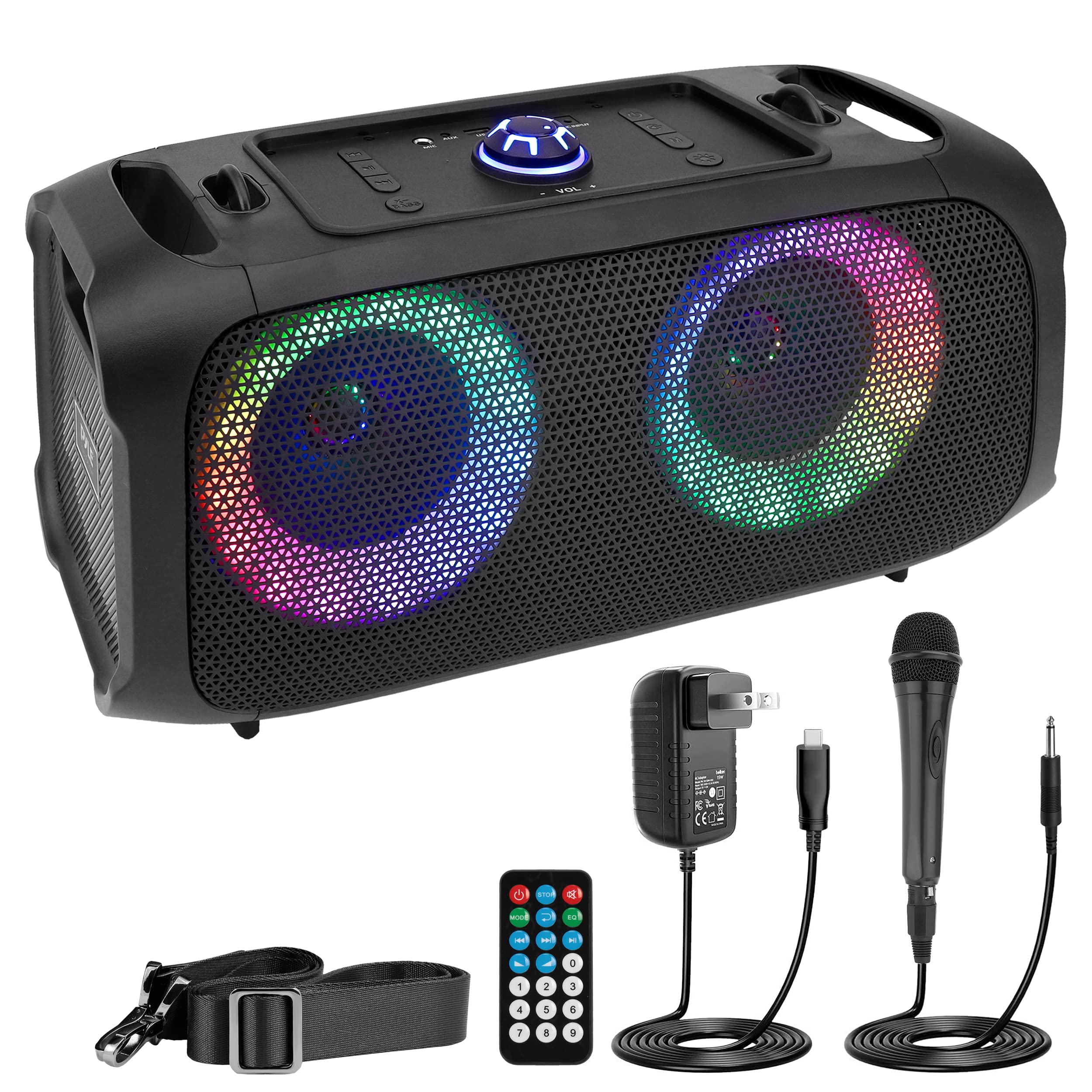 Pyle Wireless Portable Bluetooth Boombox Speaker, 500W Rechargeable Speaker Portable Barrel Loud Stereo System, Flashing LED, FM Radio/Aux/MP3/USB Flash Drive/Micro SD, Includes Wired Microphone